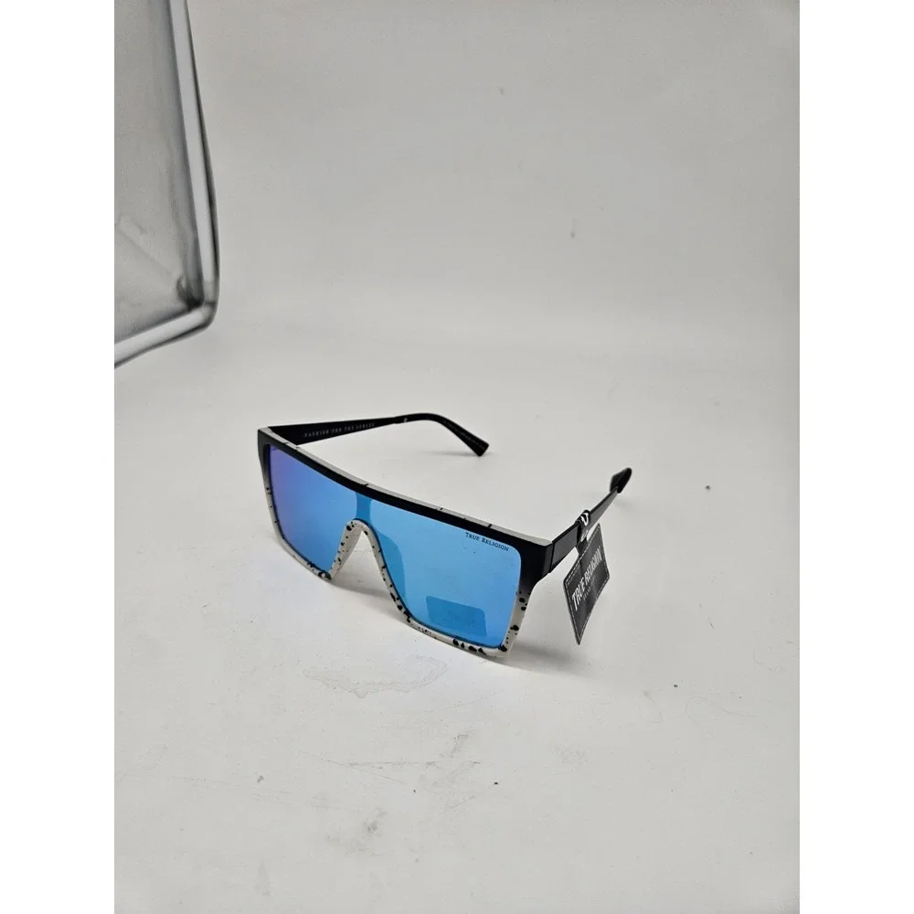 True Religion Men's Shield Sunglasses Black Plastic Frame Blue Mirrored Lens
